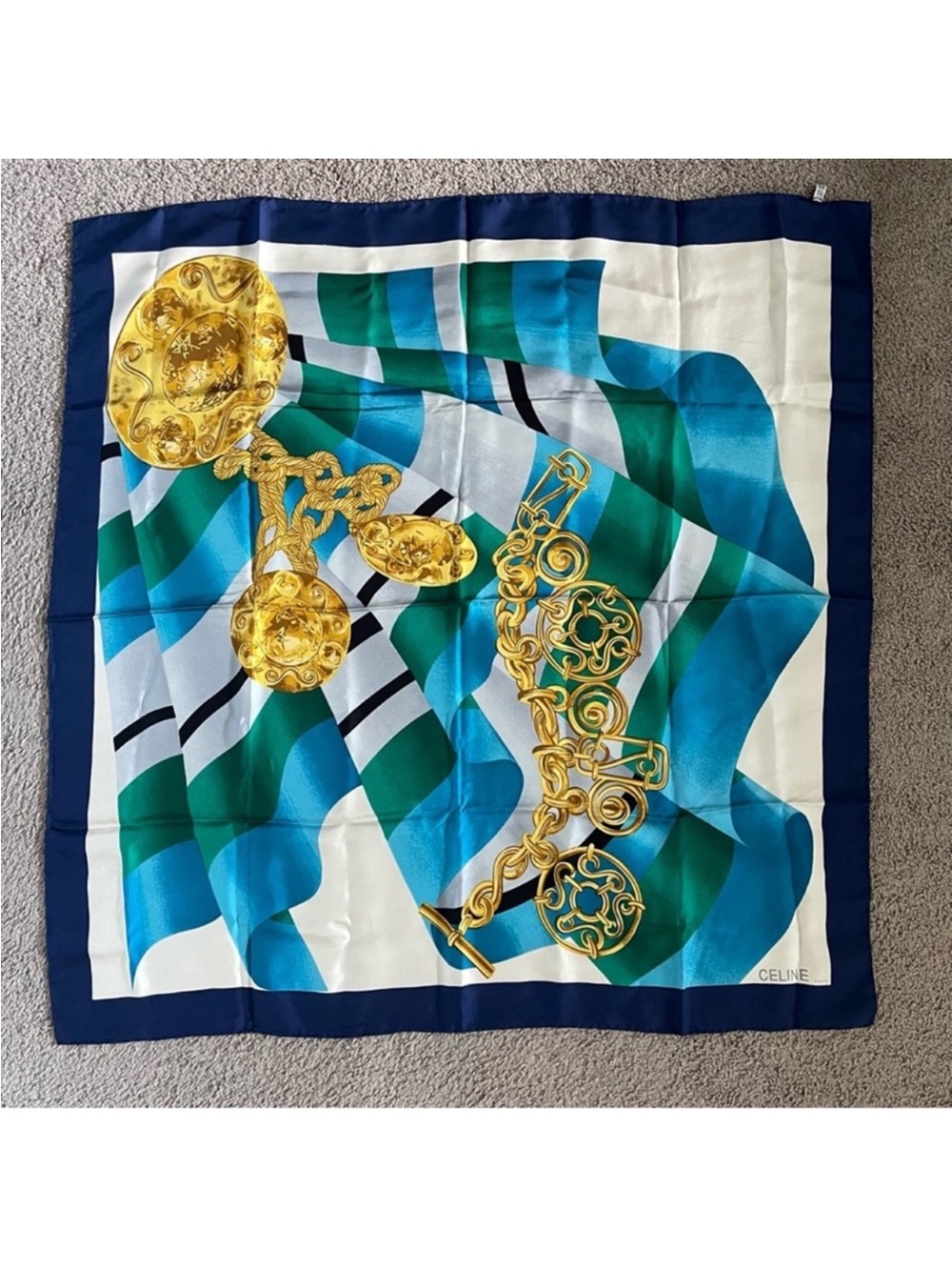 Celine Navy, Teal & Gold Silk Square Scarf